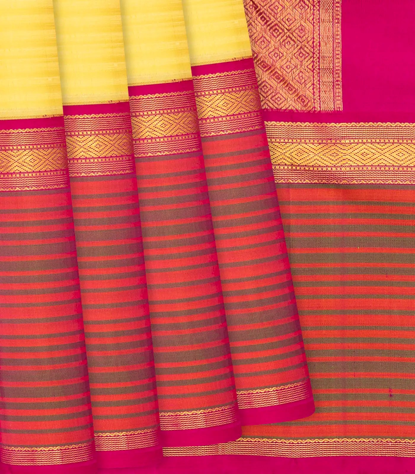 Yellow Handloom Kanchipuram Korvai Silk Saree With Stripes-Yellow