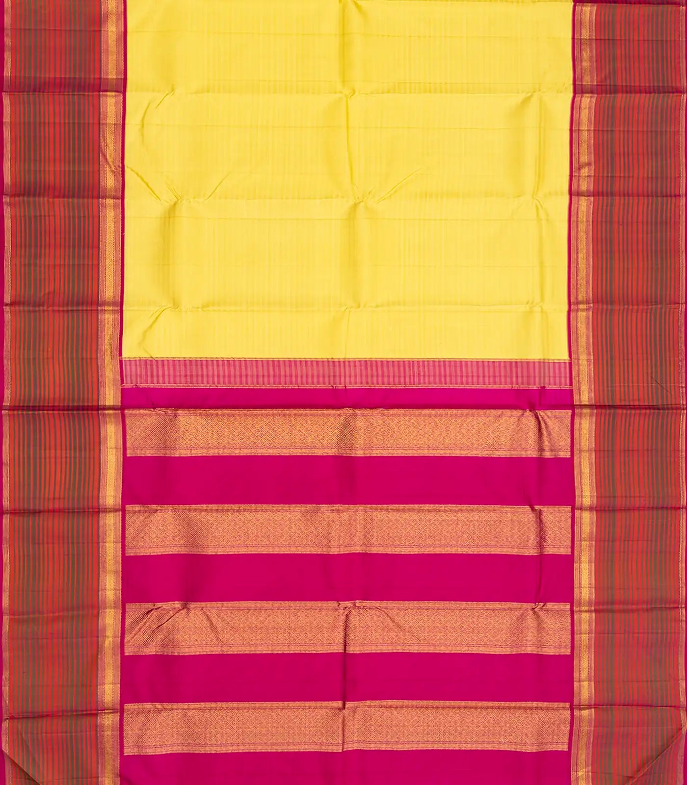 Yellow Handloom Kanchipuram Korvai Silk Saree With Stripes-Yellow