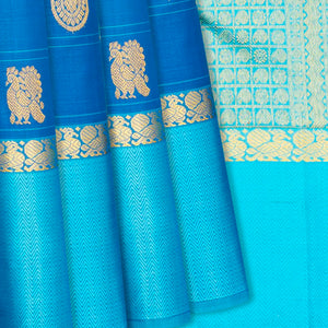 Blue Handloom Kanchipuram Silk Saree With Annam Chakaram Buttas-Blue