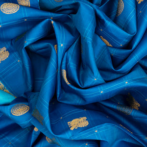 Blue Handloom Kanchipuram Silk Saree With Annam Chakaram Buttas-Blue