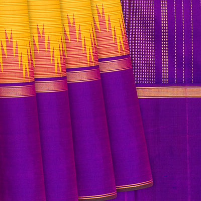 Yellow Handloom Kanchipuram Korvai Silk Saree With Purple Border-Yellow
