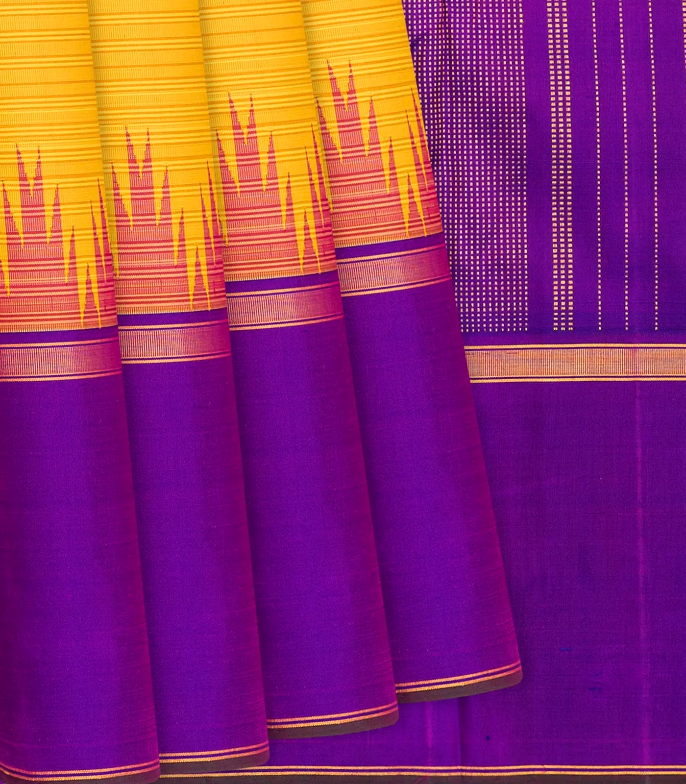 Yellow Handloom Kanchipuram Korvai Silk Saree With Purple Border-Yellow