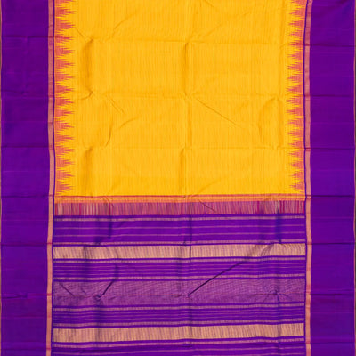 Yellow Handloom Kanchipuram Korvai Silk Saree With Purple Border-Yellow