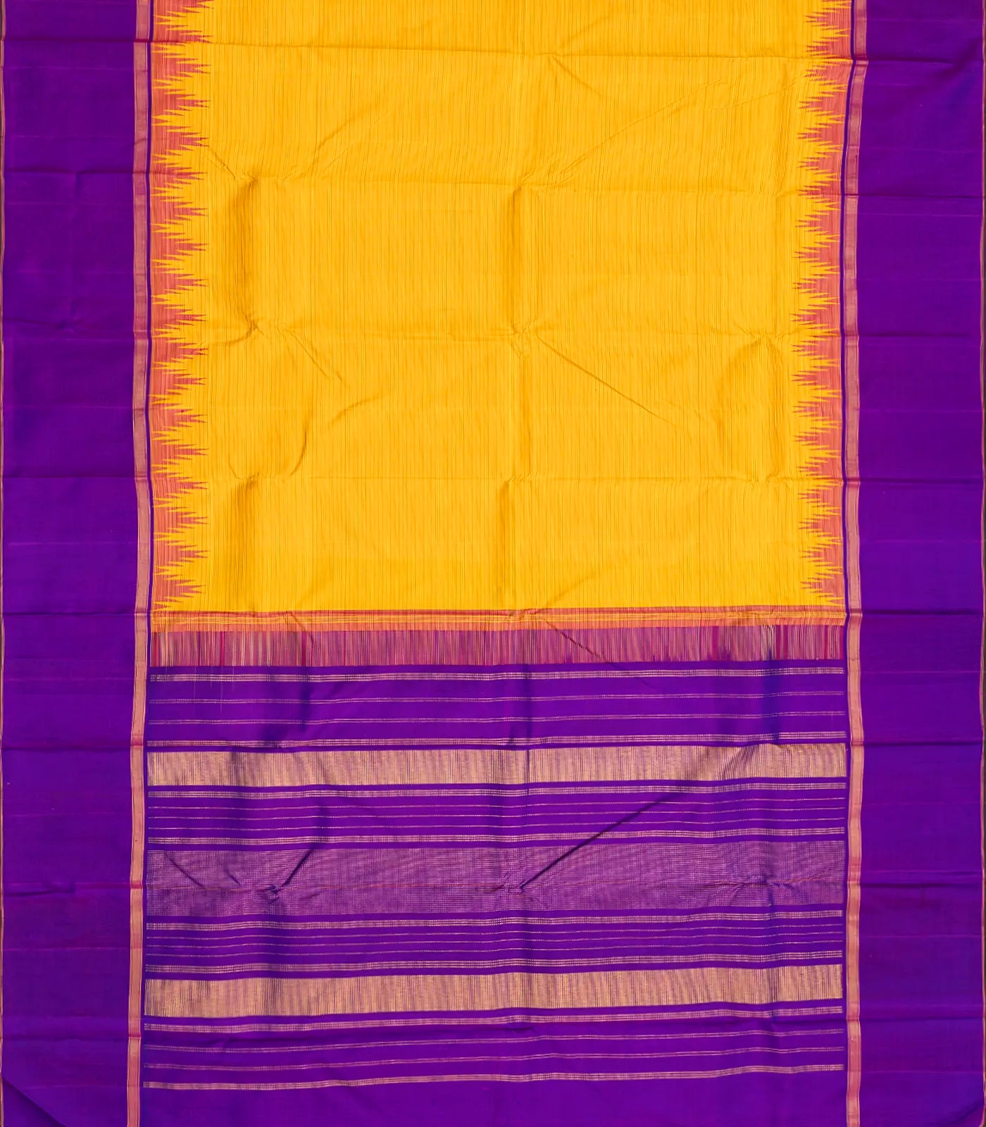 Yellow Handloom Kanchipuram Korvai Silk Saree With Purple Border-Yellow