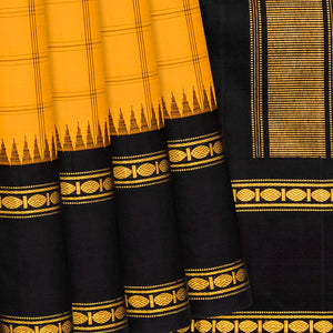 Yellow Handloom Kanchipuram Korvai Silk Saree With Black Border-Yellow