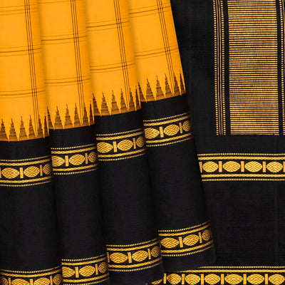 Yellow Handloom Kanchipuram Korvai Silk Saree With Black Border-Yellow