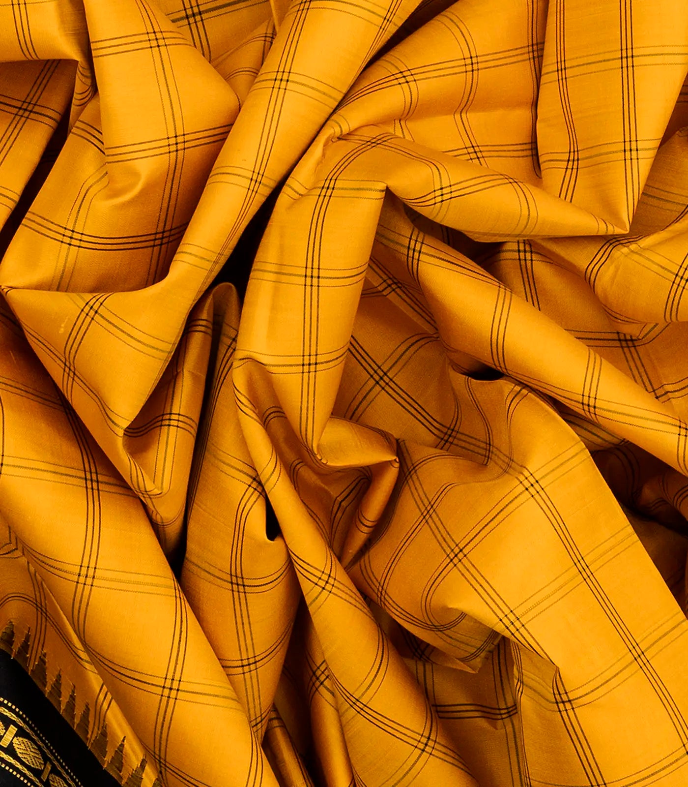 Yellow Handloom Kanchipuram Korvai Silk Saree With Black Border-Yellow