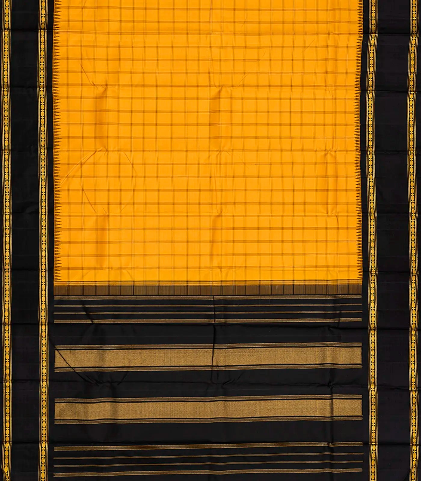 Yellow Handloom Kanchipuram Korvai Silk Saree With Black Border-Yellow