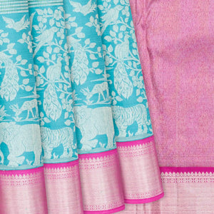 Turquoise Handloom Kanchipuram Korvai Silk Saree With Pink Border-Turquoise