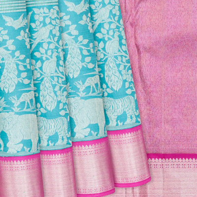 Turquoise Handloom Kanchipuram Korvai Silk Saree With Pink Border-Turquoise