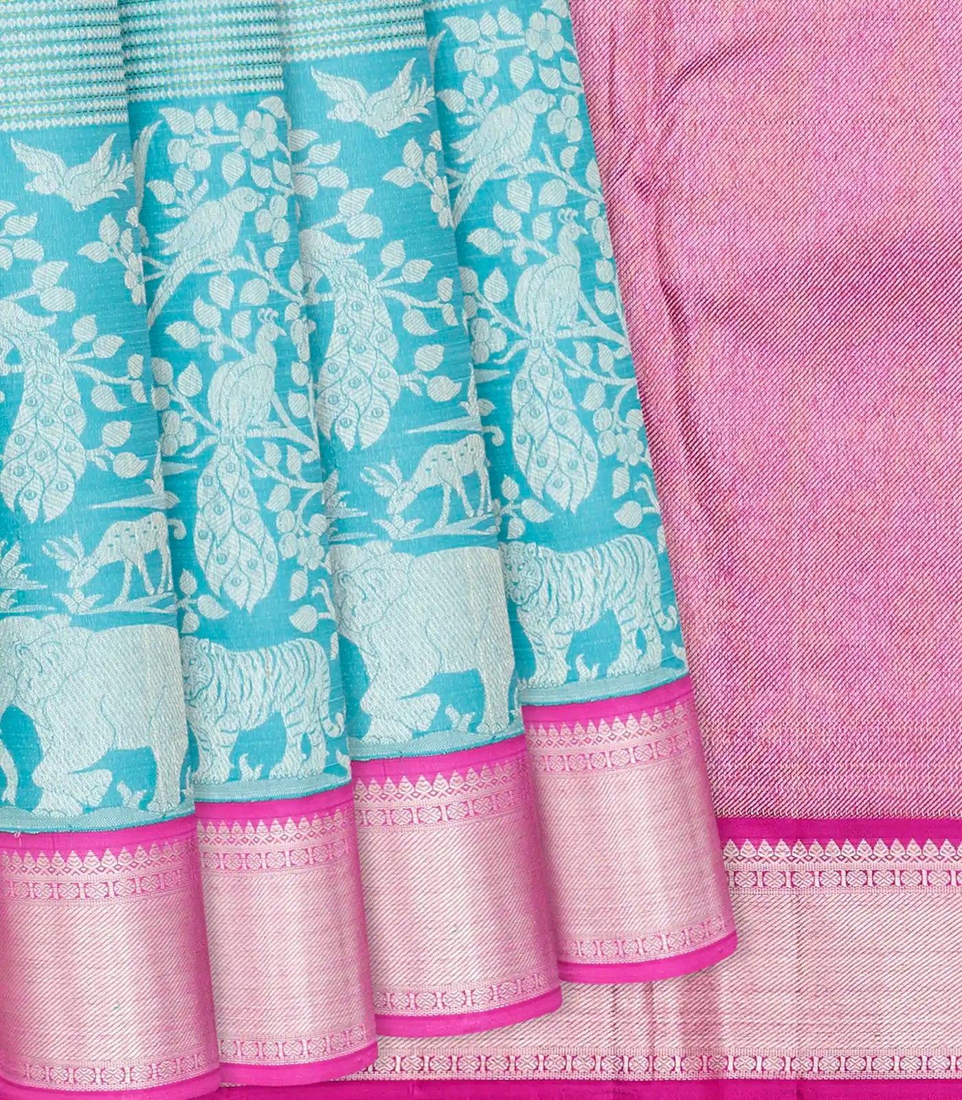Turquoise Handloom Kanchipuram Korvai Silk Saree With Pink Border-Turquoise