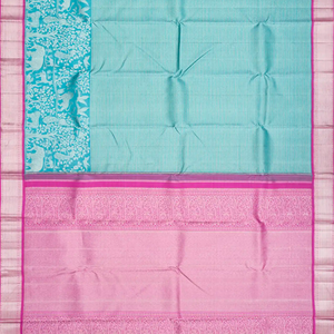Turquoise Handloom Kanchipuram Korvai Silk Saree With Pink Border-Turquoise