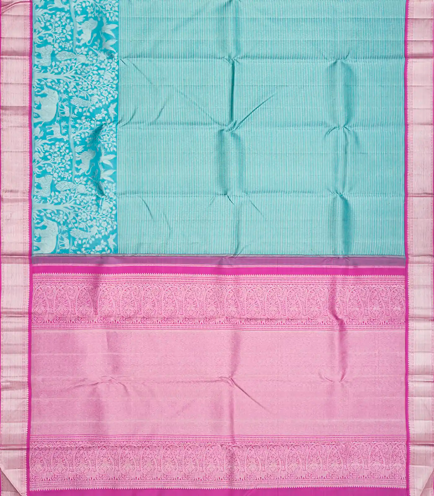 Turquoise Handloom Kanchipuram Korvai Silk Saree With Pink Border-Turquoise