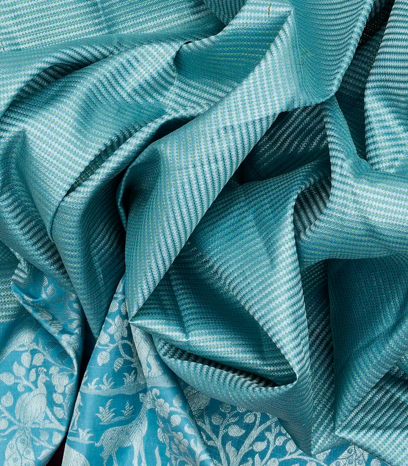 Turquoise Handloom Kanchipuram Korvai Silk Saree With Pink Border-Turquoise