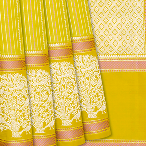 Mustard Handloom Kanchipuram Silk Saree With Veldari Stripes-Mustard