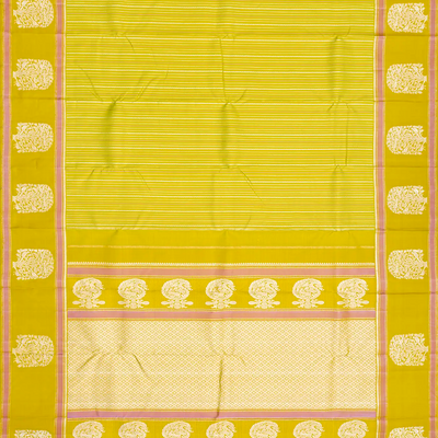 Mustard Handloom Kanchipuram Silk Saree With Veldari Stripes-Mustard
