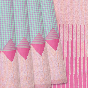 Grey Handloom Kanchipuram Korvai Silk Saree With Checks-Grey