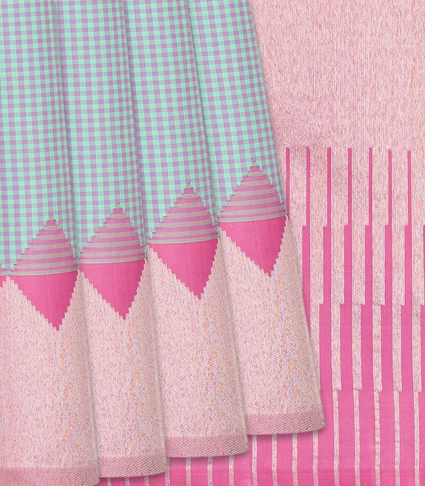 Grey Handloom Kanchipuram Korvai Silk Saree With Checks-Grey