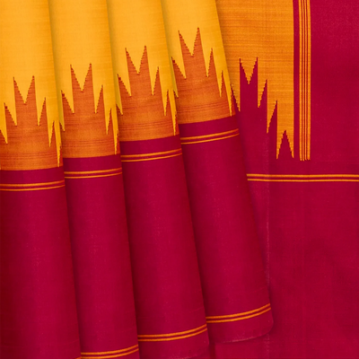 Mango Yellow Handloom Kanchipuram Korvai Silk Saree With Temple Border-Mango Yellow