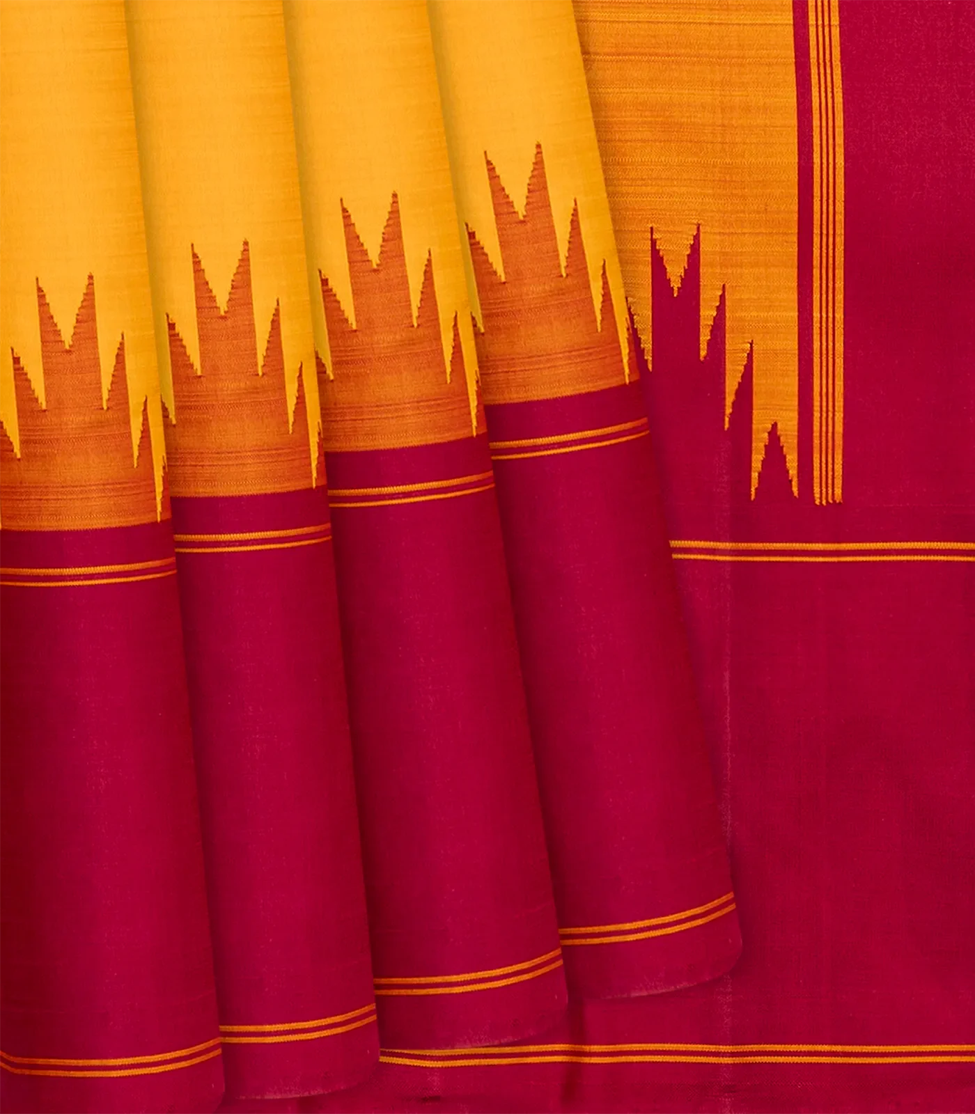 Mango Yellow Handloom Kanchipuram Korvai Silk Saree With Temple Border-Mango Yellow