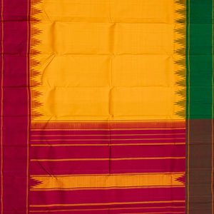 Mango Yellow Handloom Kanchipuram Korvai Silk Saree With Temple Border-Mango Yellow