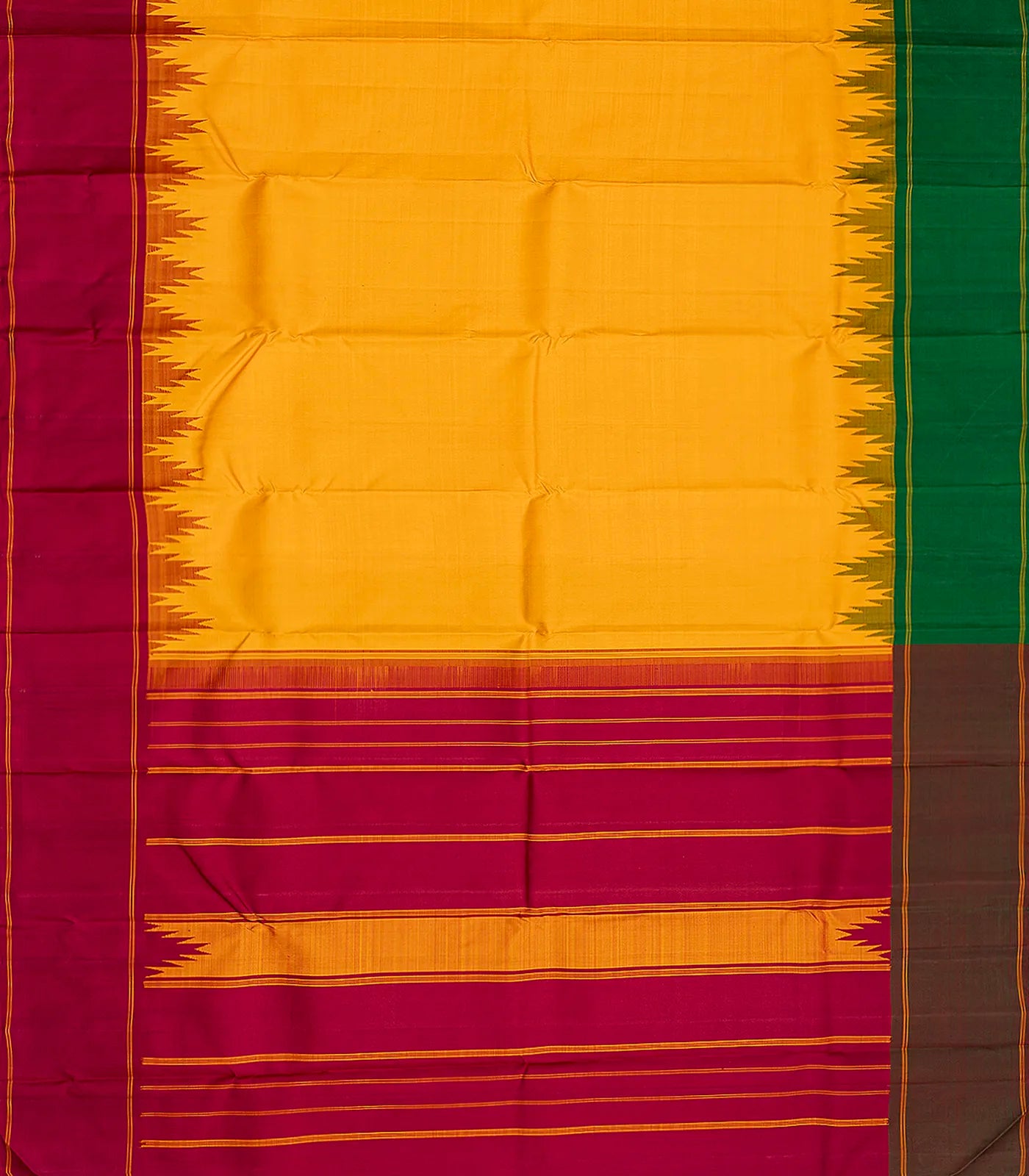 Mango Yellow Handloom Kanchipuram Korvai Silk Saree With Temple Border-Mango Yellow