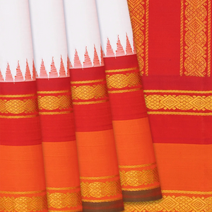 White Handloom Kanchipuram Korvai Silk Saree With Red Temple Border-White