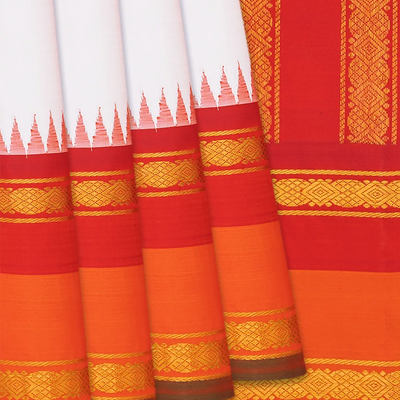White Handloom Kanchipuram Korvai Silk Saree With Red Temple Border-White