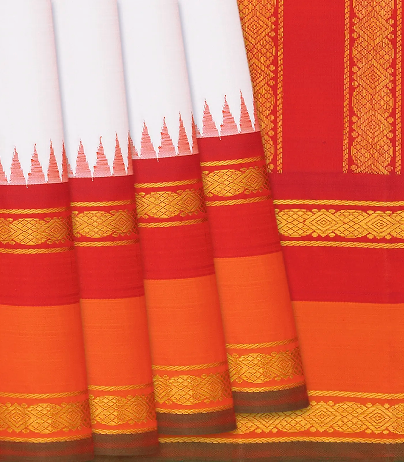 White Handloom Kanchipuram Korvai Silk Saree With Red Temple Border-White