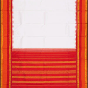 White Handloom Kanchipuram Korvai Silk Saree With Red Temple Border-White