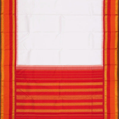 White Handloom Kanchipuram Korvai Silk Saree With Red Temple Border-White