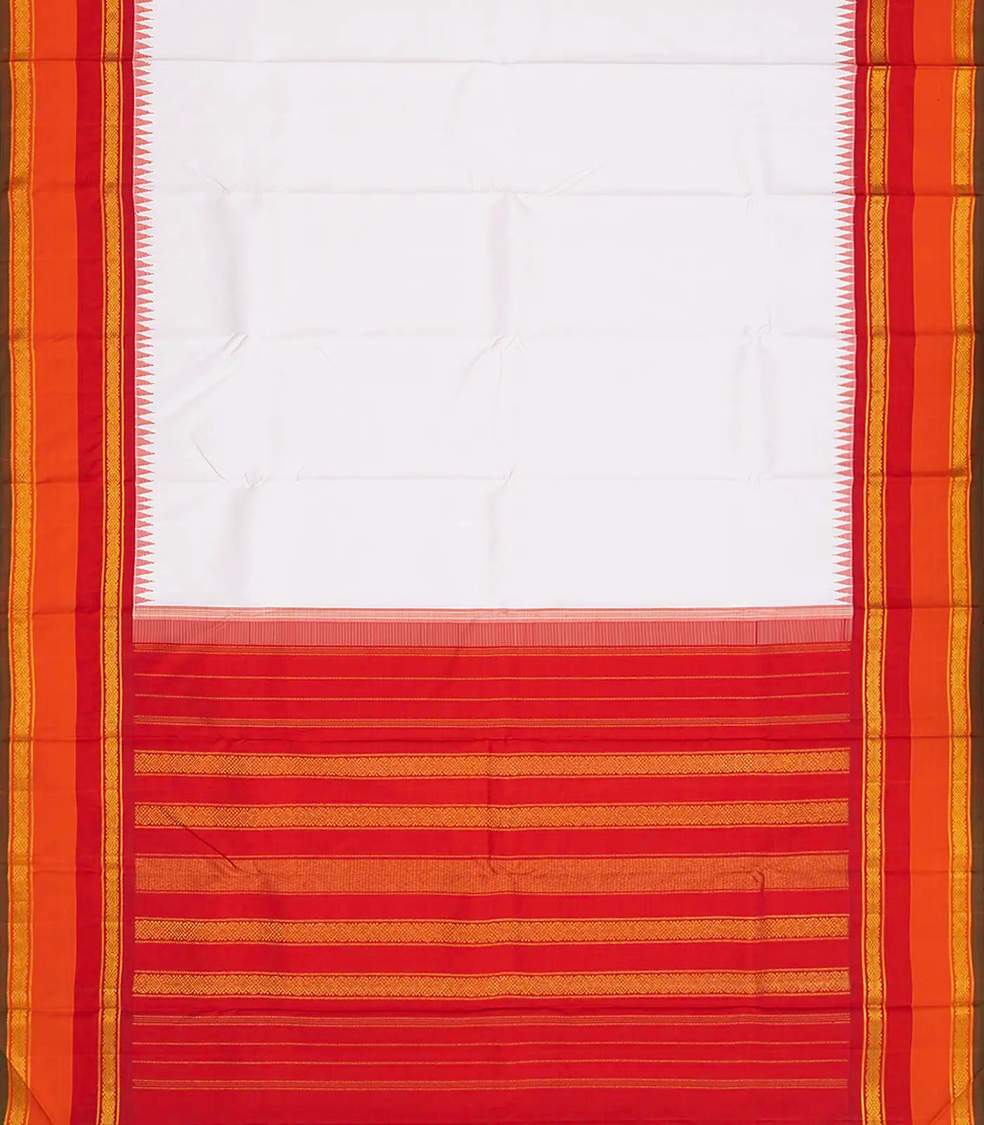 White Handloom Kanchipuram Korvai Silk Saree With Red Temple Border-White