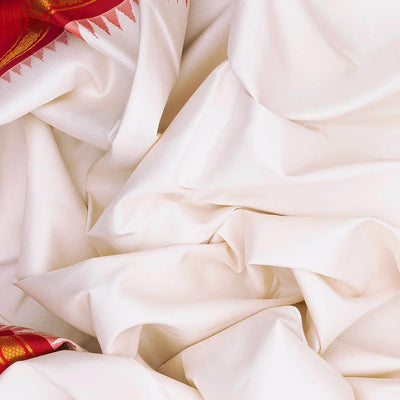 White Handloom Kanchipuram Korvai Silk Saree With Red Temple Border-White