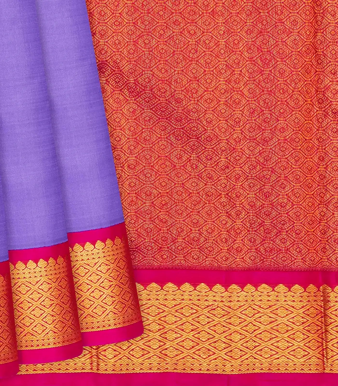 Lavender Handloom Kanchipuram Korvai Silk Saree With Pink Border-Lavander