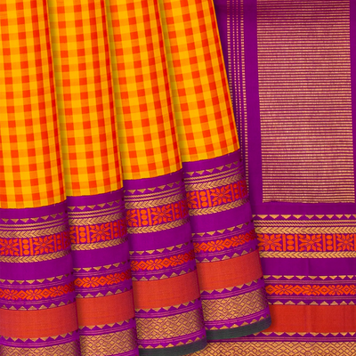 Yellow Handloom Kanchipuram Korvai Silk Saree With Checks-Yellow