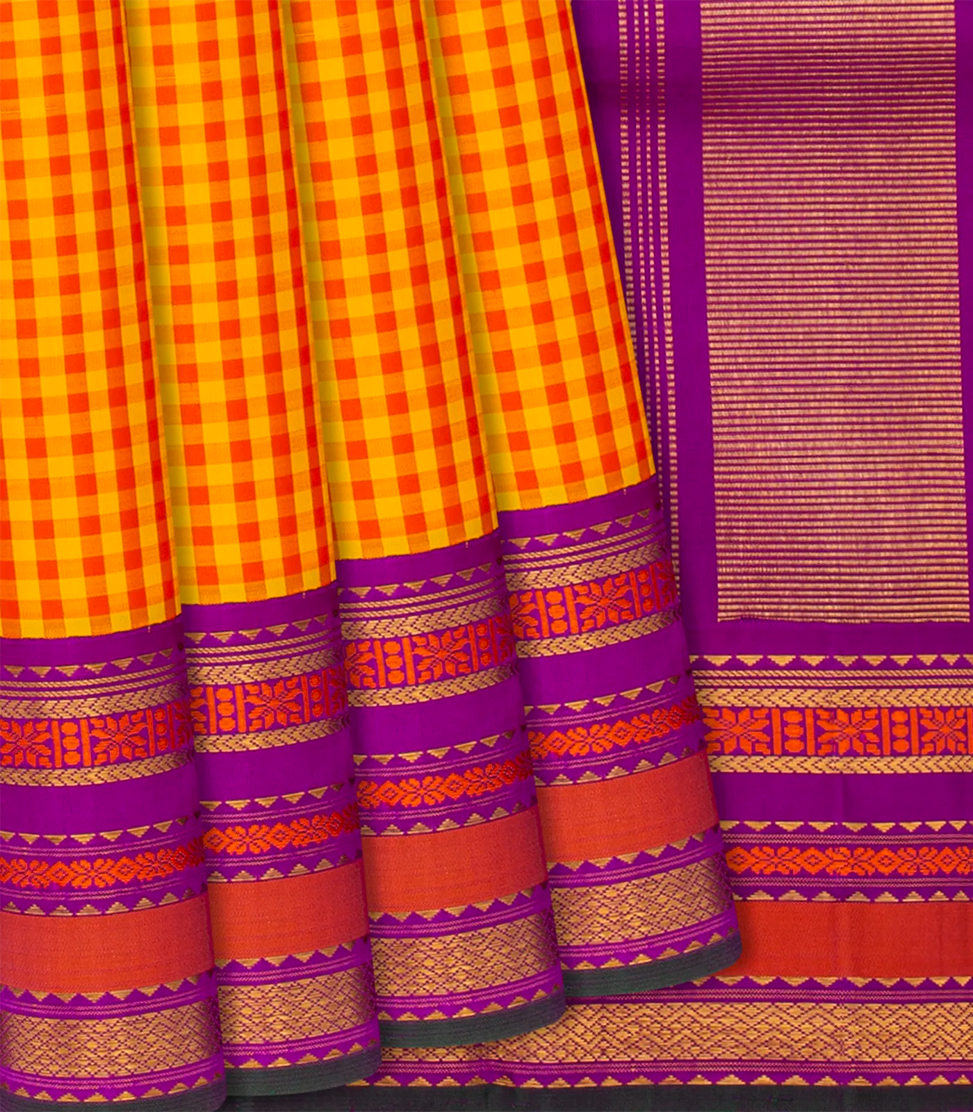 Yellow Handloom Kanchipuram Korvai Silk Saree With Checks-Yellow