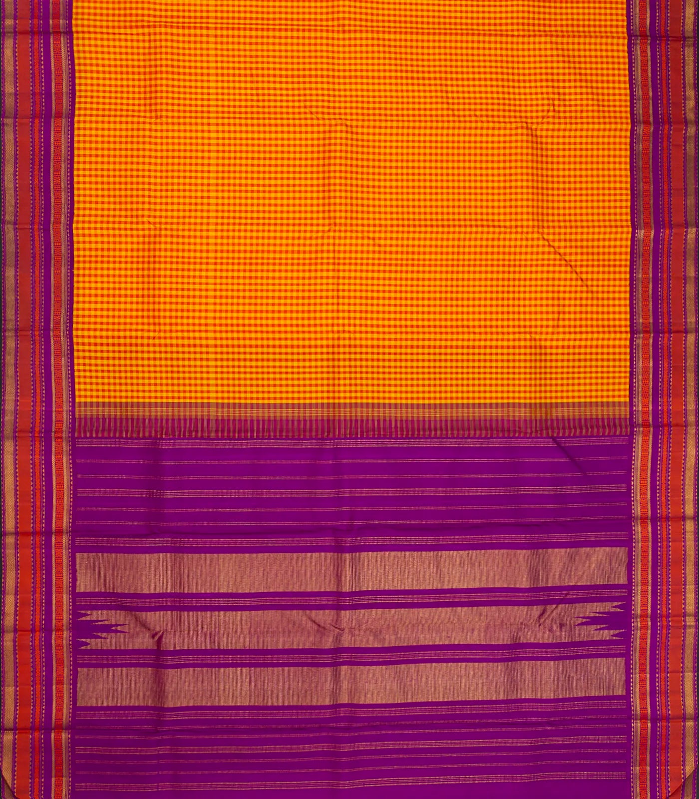 Yellow Handloom Kanchipuram Korvai Silk Saree With Checks-Yellow