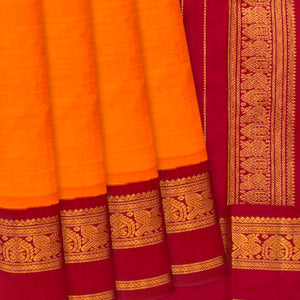 Orange Handloom Kanchipuram Korvai Silk Saree With Crimson Border-Orange