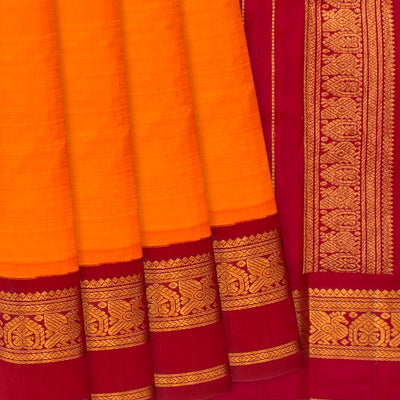 Orange Handloom Kanchipuram Korvai Silk Saree With Crimson Border-Orange