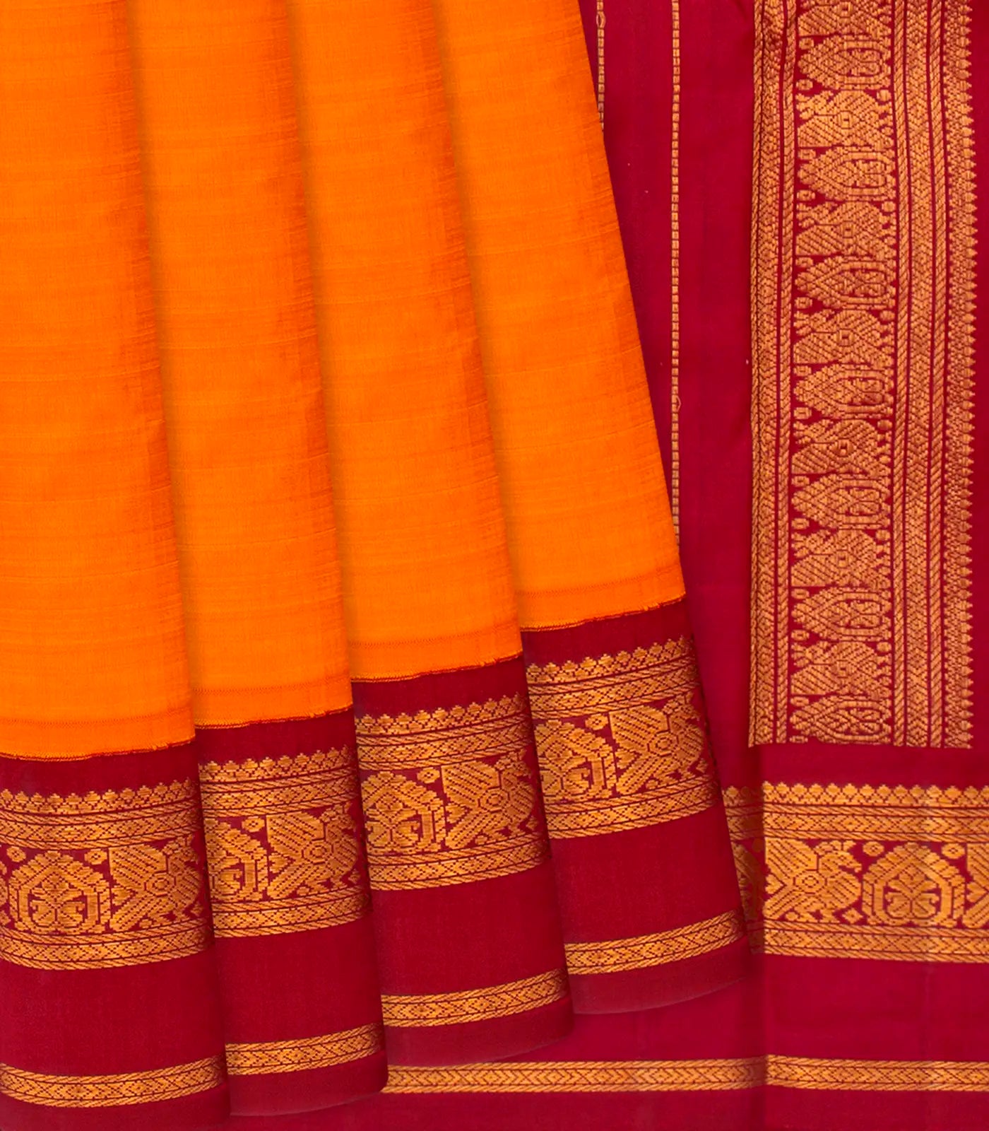 Orange Handloom Kanchipuram Korvai Silk Saree With Crimson Border-Orange