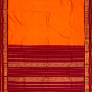 Orange Handloom Kanchipuram Korvai Silk Saree With Crimson Border-Orange