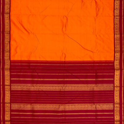 Orange Handloom Kanchipuram Korvai Silk Saree With Crimson Border-Orange