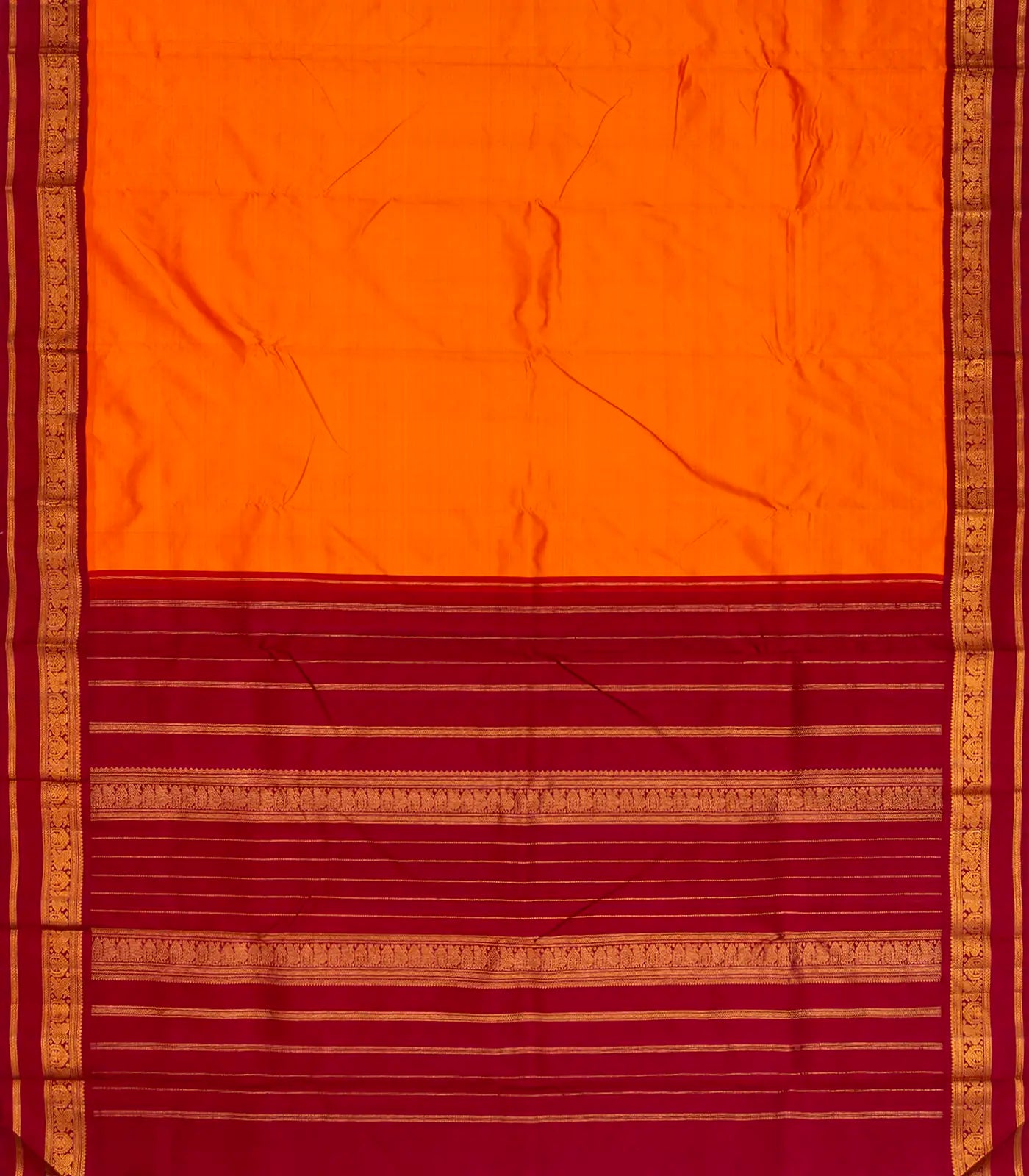 Orange Handloom Kanchipuram Korvai Silk Saree With Crimson Border-Orange