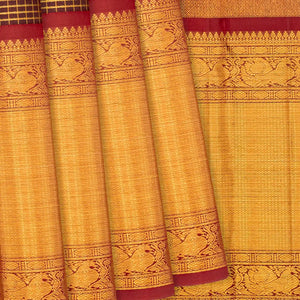Maroon Handloom Kanchipuram Korvai Silk Saree With Zari Checks-Maroon
