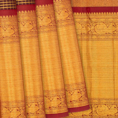 Maroon Handloom Kanchipuram Korvai Silk Saree With Zari Checks-Maroon
