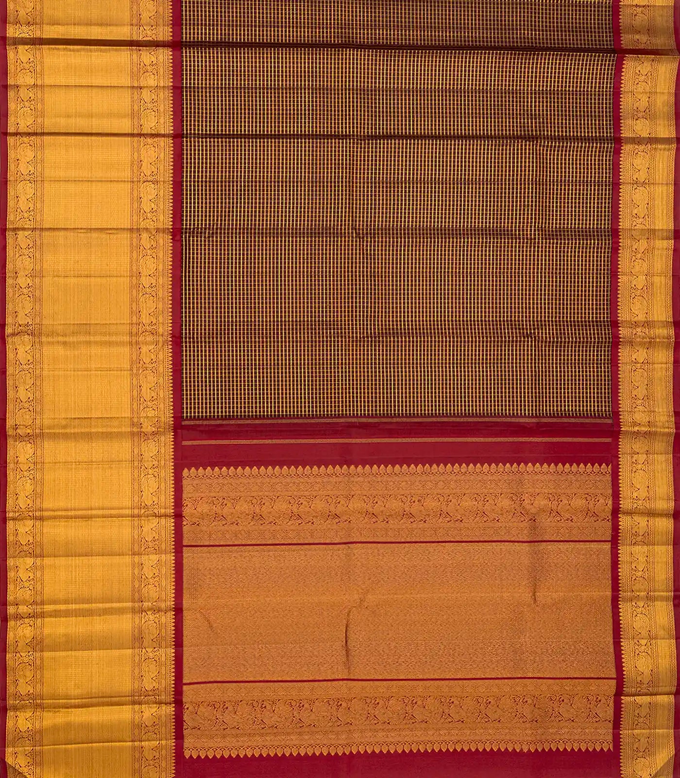 Maroon Handloom Kanchipuram Korvai Silk Saree With Zari Checks-Maroon