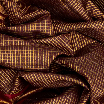 Maroon Handloom Kanchipuram Korvai Silk Saree With Zari Checks-Maroon