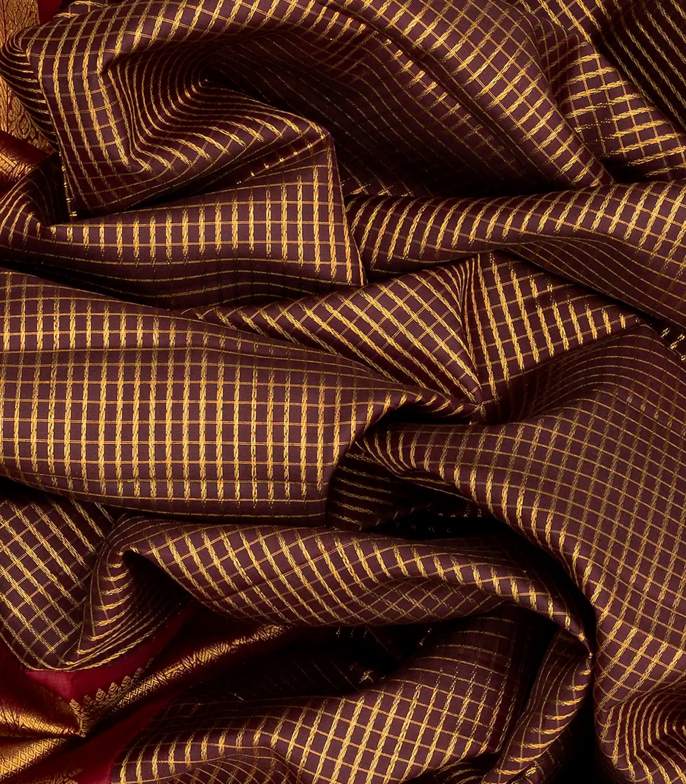 Maroon Handloom Kanchipuram Korvai Silk Saree With Zari Checks-Maroon