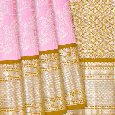 Baby Pink Handloom Kanchipuram Korvai Silk Saree With Zari Checks-Baby Pink
