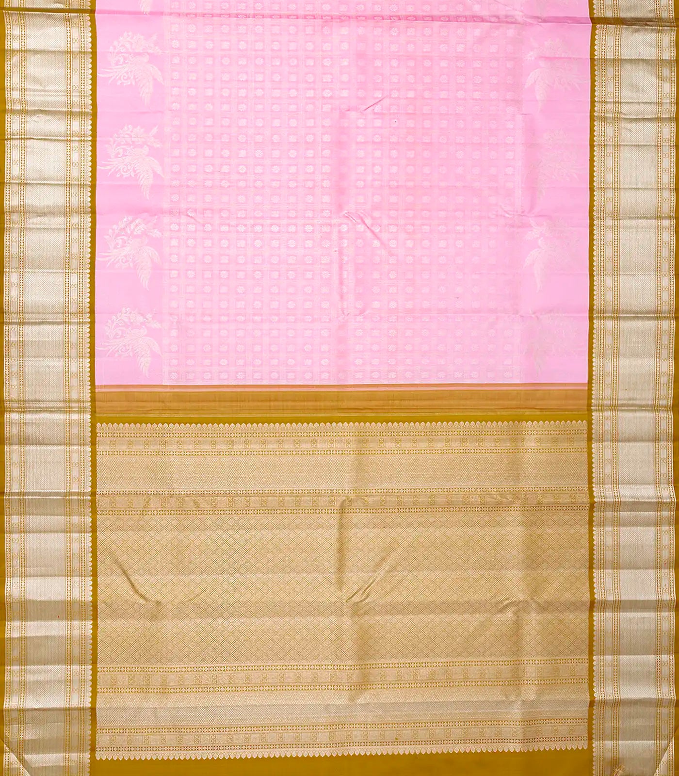 Baby Pink Handloom Kanchipuram Korvai Silk Saree With Zari Checks-Baby Pink
